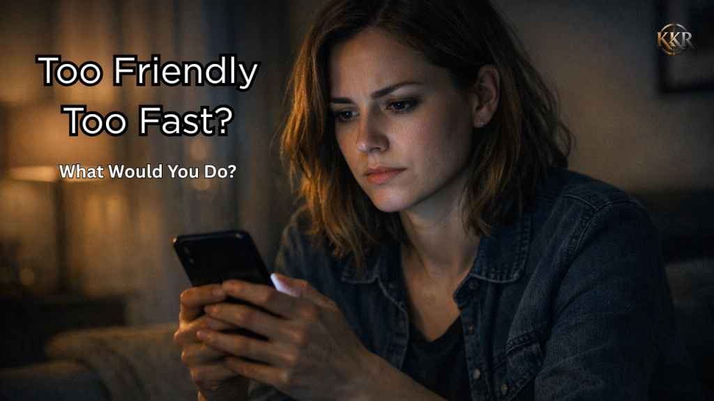 A woman looking cautiously at her phone at night, suggesting emotional boundaries and the risk of trusting someone too quickly.